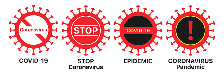 Coronavirus icon set. Global epidemic of COVID-19 infection, warning sign set. Coronavirus pandemic, dangerous spread of the virus infection worldwide. Vector illustration