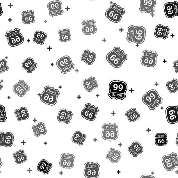 ilustrações de stock, clip art, desenhos animados e ícones de black american road icon isolated seamless pattern on white background. route sixty six road sign. vector illustration - route 66 illustrations