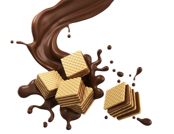 cubos de obleas con salpicaduras de chocolate. - brown chocolate candy bar close up fotografías e imágenes de stock