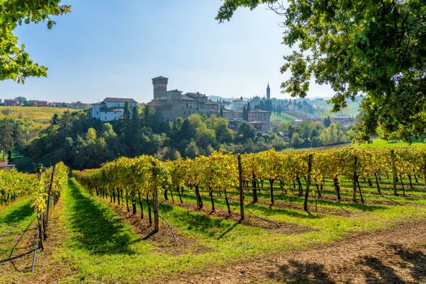 Levizzano Rangone and its vineyars in fall season. Province of Modena, Emilia Romagna, Italy. stock photo