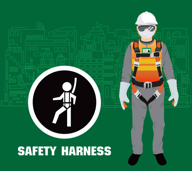 safety harness equipment and lanyard for work at heights, construction vector safety harness equipment and lanyard for work at heights, construction vector safety harness stock illustrations