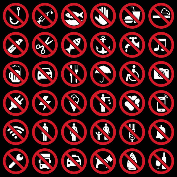 satz von verbotenen zeichen - no eating sign law eating stock-grafiken, -clipart, -cartoons und -symbole