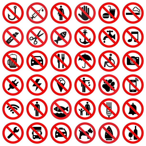 ilustrações, clipart, desenhos animados e ícones de conjunto de sinal proibido - sign symbol no forbidden