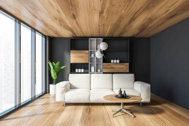 istock Panoramic gray living room with sofa 1212557453
