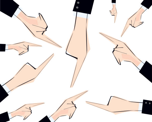 Male hands pointing with finger various directions to crowd. Vector illustration. Concept of dictate, pluralism, power, regulation, authority, obedience, submission. vector art illustration