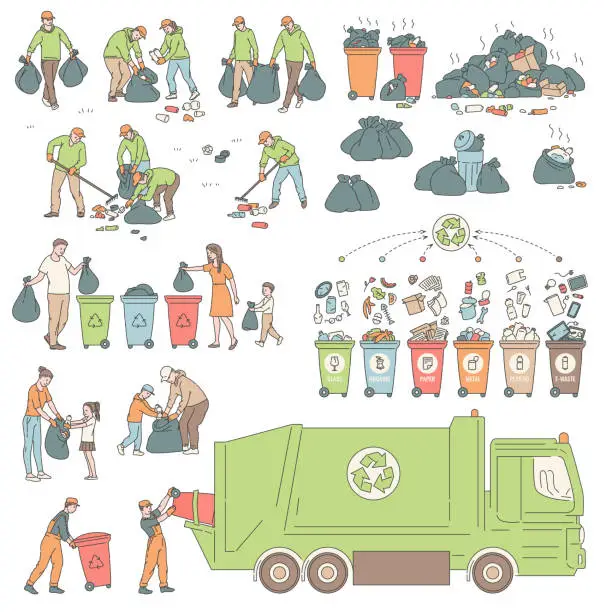 Vector illustration of Set sorting and recycling waste. People volunteers clean environment from trash. Vector illustration of solving environmental problems.