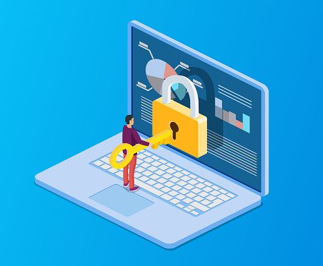Data protection. Internet security. 3d isometric people, man computer pc with key, lock. Concept for web page, banner, presentation, social media, documents cards, posters