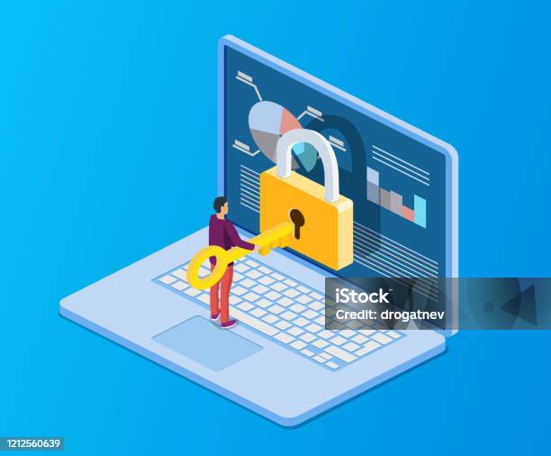 Computer Is Locked Isometric Computer With Key Lock Stock Illustration - Download Image ...