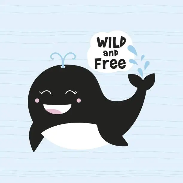 Vector illustration of Vector illustration of a black orca with the text Wild and Free on a blue background