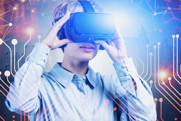 istock Woman in VR glasses in city, network interface 1212561156