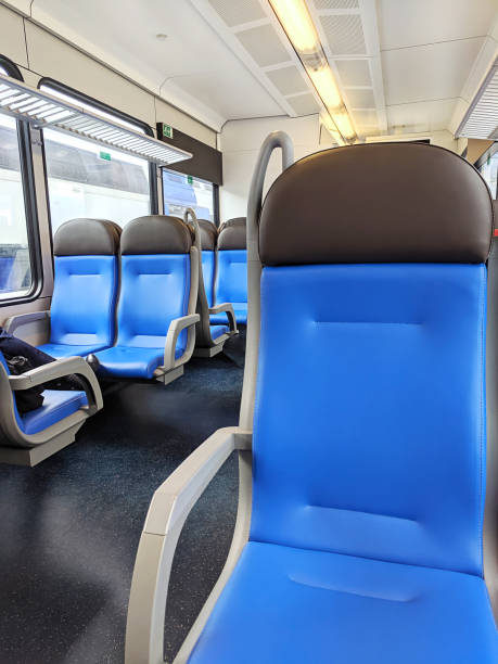 istock Empty seats inside of public transport train 1212561160