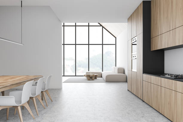 istock White kitchen and living room interior 1212561167