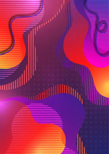 Vector illustration of Creative background with flowing color wave and striped shapes against a halftone background. Template for the design of the banner, cover, business card, illustration, landing page.