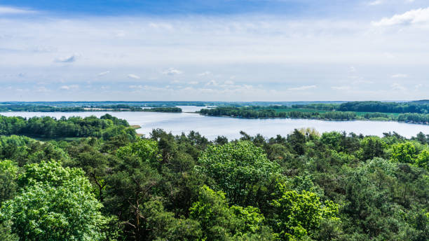 view from observation tower over landscape around Krakow am See and lake Krakower See view from observation tower over landscape around Krakow am See and lake Krakower See mecklenburg lake district photos stock pictures, royalty-free photos & images