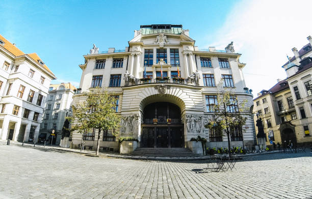 Prague - October 26, 2019: Facade view of Prague City Hall (Czech: Magistrat HMP (hlavniho mesta Prahy)) at Marianske namesti square, Czech Republic