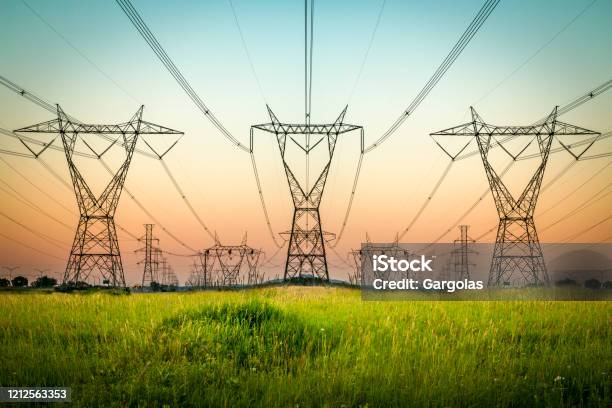 Power Lines And Sunset Landscape Stock Photo - Download Image Now - Power Line, Electricity, Power Cable