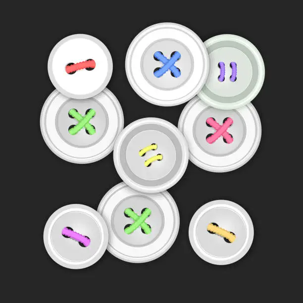 Vector illustration of Collection of buttons for clothes in white color isolated on dark background, art and crafts, Fashion and needlework