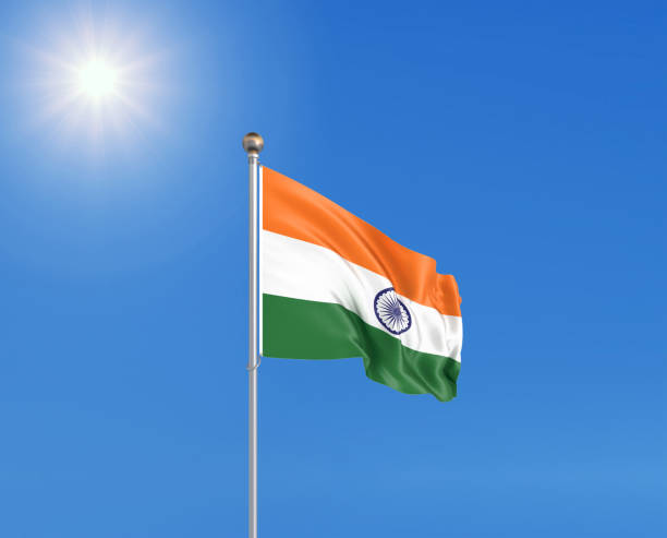 illustrazione 3d. bandiera sventolante colorata dell'india su sfondo cielo blu soleggiato. - indian flag foto e immagini stock