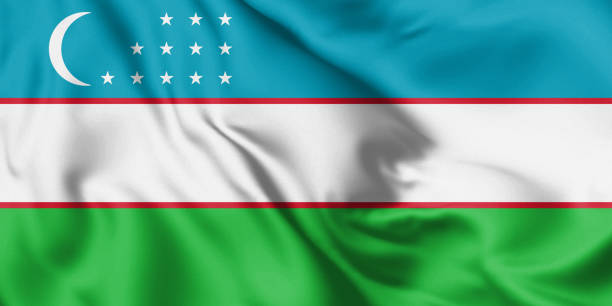 istock Uzbekistan flag blowing in the wind. Background silk texture. 3d illustration. 1212563782