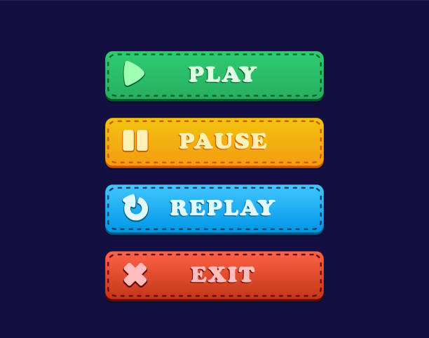 UI Button for Game with Play, Pause, Replay and Exit UI Button for game that includes Play, Pause, Replay and Exit with drop shadow replay stock illustrations