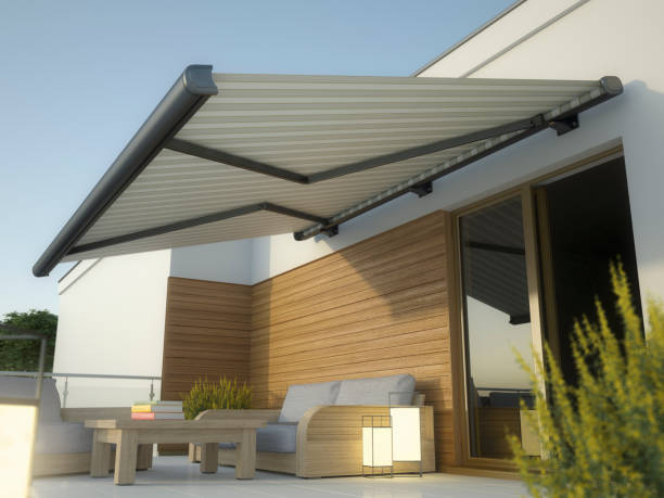 tenda da sole e terrazza della casa, illustrazione 3d - apartment window sky sun foto e immagini stock