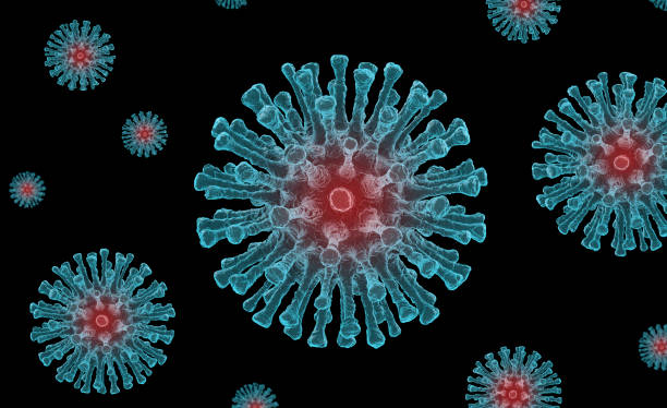 Microscope view of many very dangerous coronavirus Covid-19 on black background. 3D rendering stock photo