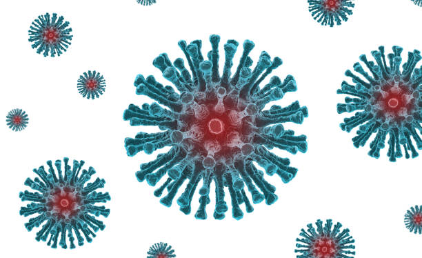 istock Microscope view of many very dangerous coronavirus Covid-19 isolated on white background. 3D rendering 1212566818