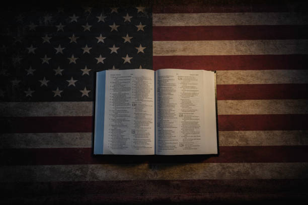 istock Holy Bible and vintage American Flag 1212566989