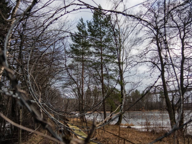 istock Fence with barbed wire rings on the river Bank on a spring day 1212568027