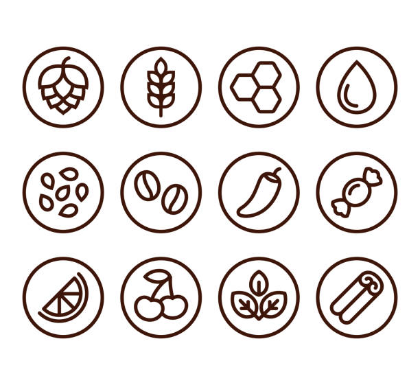 Beer ingredients icon set Beer ingredient labels icon set. Craft beer brewing spices and flavors. Simple line icons collection. cinnamon stick spice food stock illustrations