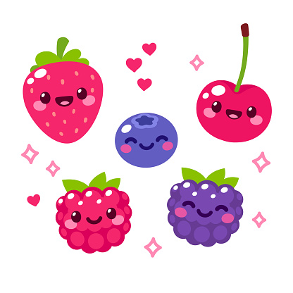 Kawaii cartoon berries set. Funny fruit characters with smiling faces, hearts and sparkles. Cute and simple doodle style drawing, isolated vector clip art illustration.