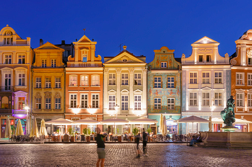 A row of old townhouses on the old market square in Poznan, Poland.