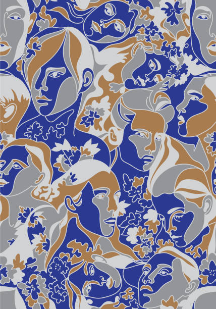 Vector seamless pattern. Plane drawing made of faces and foliage. Graphic artwork with heads silhouette.