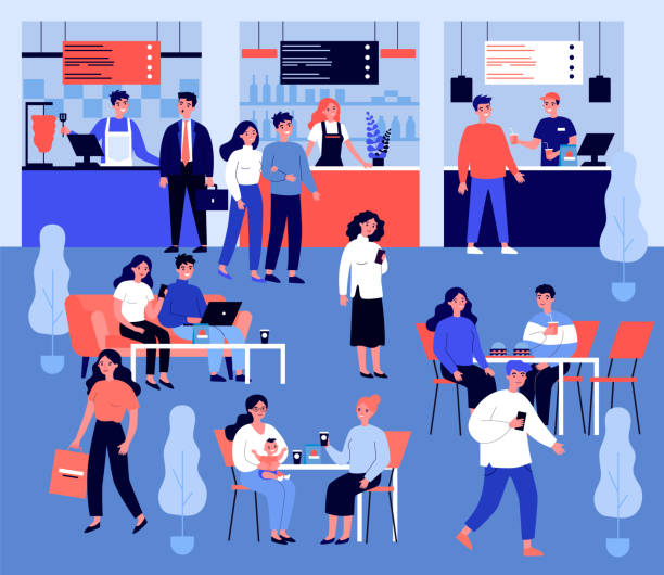 Young people eating at fast food restaurant Young people eating at fast food restaurant flat vector illustration. Man and woman having lunch at cafe or cafeteria. Character sitting at table, using digital device. Lifestyle and leisure concept. quick service restaurant cashier stock illustrations
