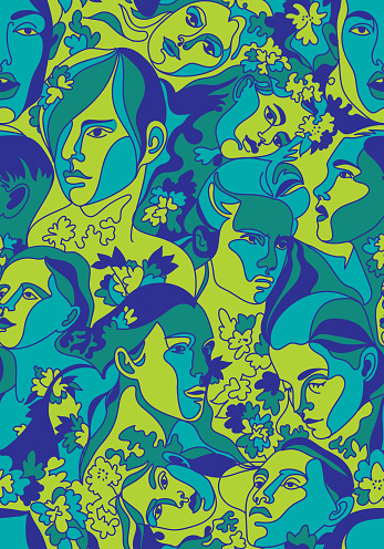 Vector seamless pattern. Plane drawing made of faces and foliage. Graphic artwork with heads silhouette.