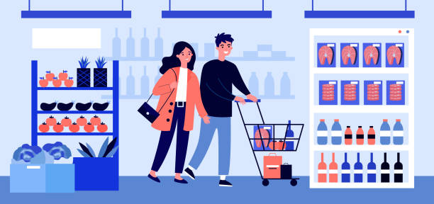 People buying food at supermarket flat vector illustration People buying food at supermarket flat vector illustration. Cartoon customers with cart walking down aisle, choosing products and grocery goods in store. Retail and consumerism concept. supermarket aisles vector stock illustrations