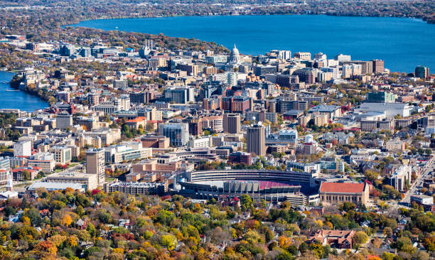 Aerial photo of Madison, Wisconsin An aerial photo of downtown Madison, Wisconsin taken from an airplane during the daytime. madison wisconsin photos stock pictures, royalty-free photos & images