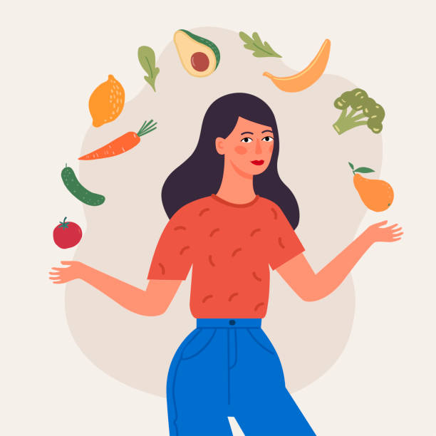 illustrazioni stock, clip art, cartoni animati e icone di tendenza di stile di vita sano, cibo, dieta e banner per la perdita di peso con un piatto di insalata, set da tavolo, smartphone e piano dietetico su un notebook - apple women green eating