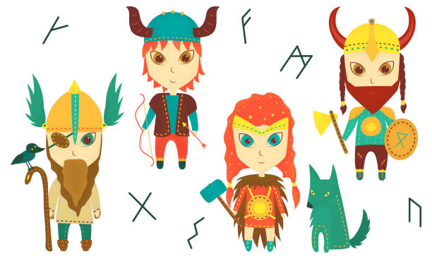 set von 4 cartoon wikinger auf weißem hintergrund. vektor-stock-illustration - viking mascot warrior pirate stock-grafiken, -clipart, -cartoons und -symbole