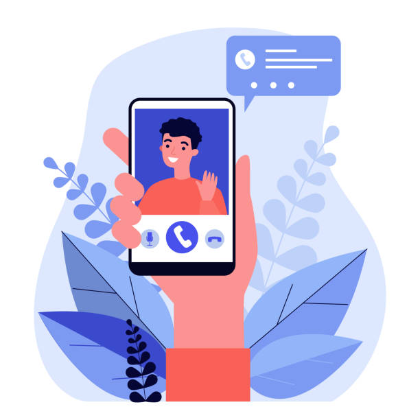 Person holding smartphone and calling via video chat mobile app Person holding smartphone and calling via video chat mobile app flat vector illustration. Cute man waving by hand from telephone screen. Digital technology and communication concept. pics of the man waving stock illustrations