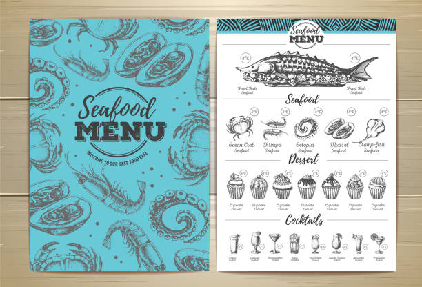 ilustraciones, imágenes clip art, dibujos animados e iconos de stock de diseño de menú de mariscos vintage. identidad corporativa - shrimp cocktail
