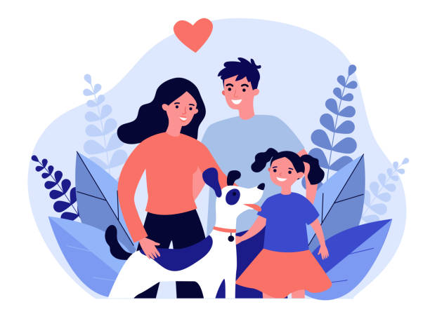 Parents presenting pet to their child Parents presenting pet to their child flat vector abstract illustration. Happy family adopting dog. Little girl greeting new friend. Charity and animal adoption concept. happy family stock illustrations