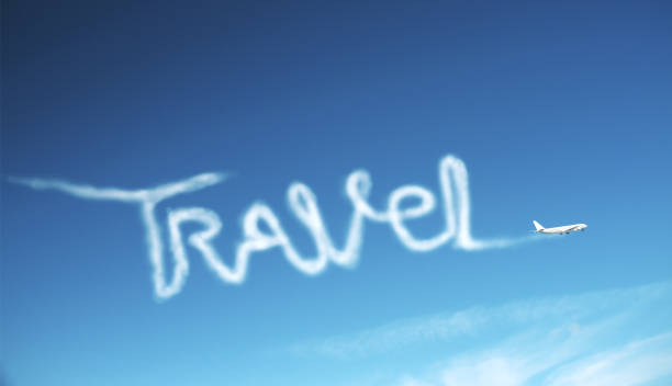 Airplane in sky drawing word travel.