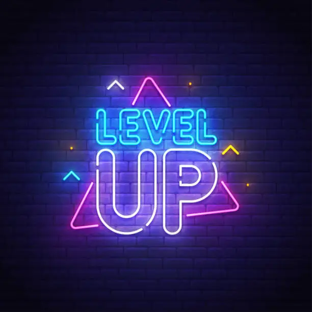 Vector illustration of Game popup. Level up neon sign, bright signboard, light banner. Game logo neon, emblem. Vector illustration