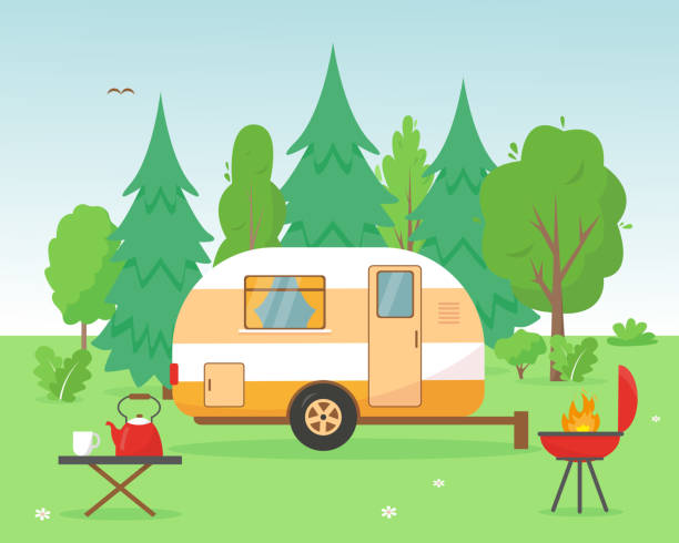 illustrations, cliparts, dessins animés et icônes de caravane de camping, barbecue et table pour pique-niquer dans la forêt. paysage d’été ou de printemps avec des arbres et voyagez la maison mobile. illustration de concept de fond de vecteur. - motor home camping mobile home vehicle trailer