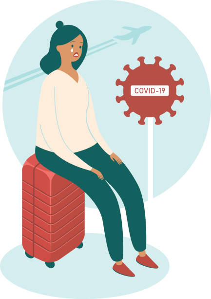 ilustraciones, imágenes clip art, dibujos animados e iconos de stock de concepto covid-19. mujer molesta sentada en su maleta - one person adult air vehicle commercial airplane