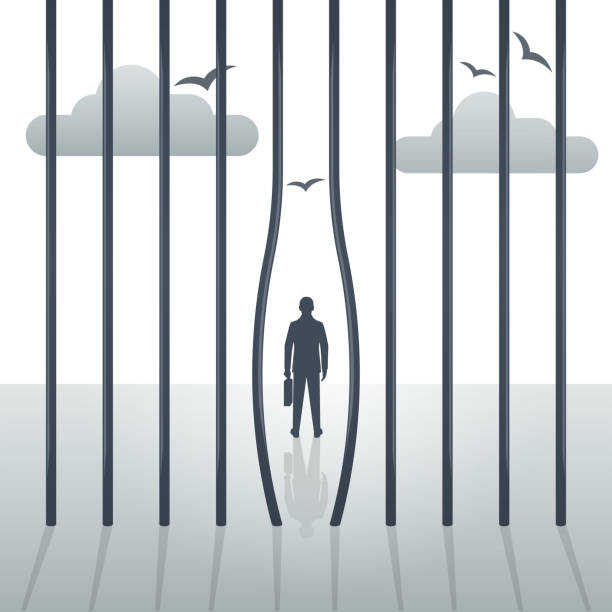 Freedom concept. The prisoner left the prison. Bending metal bars Freedom concept. The prisoner left the prison. Bending metal bars. Break free. Silhouette of a man, cloudy sky and birds on the background as a symbol of liberation. Vector illustration flat design. carefree stock illustrations