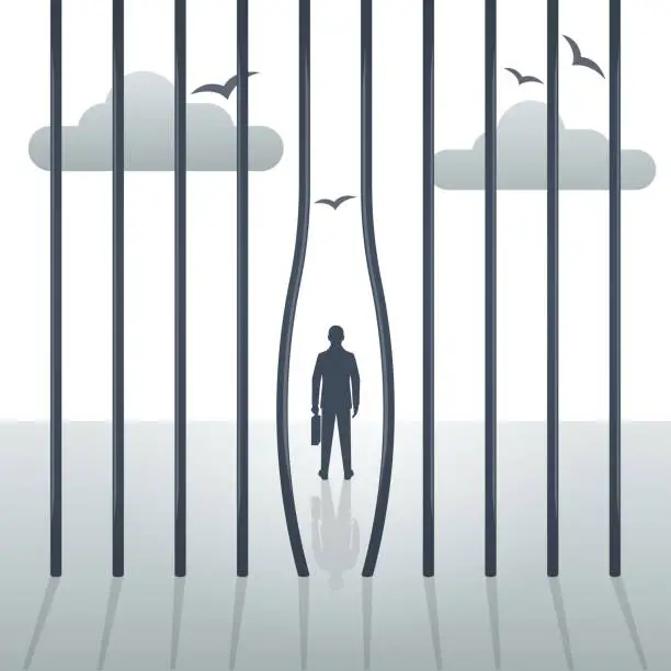 Vector illustration of Freedom concept. The prisoner left the prison. Bending metal bars