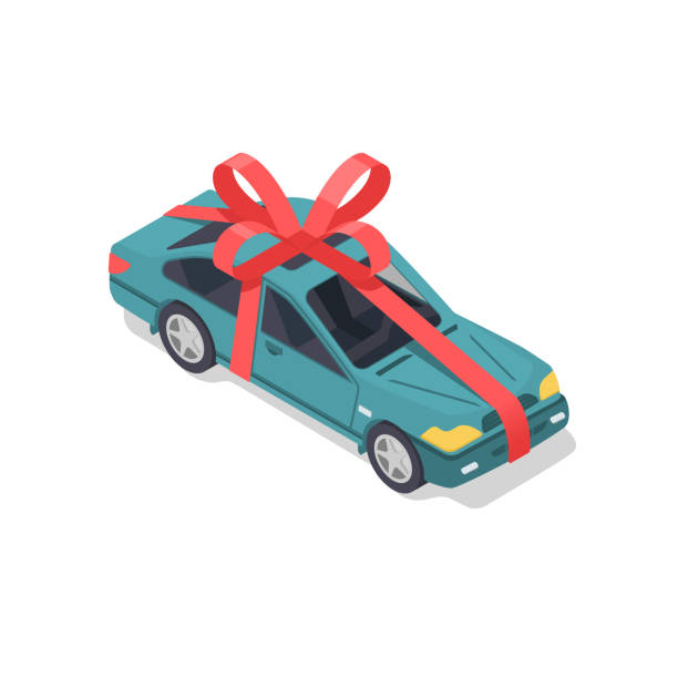 istock Car with a red ribbon and a bow in isometric style. Car gift concept. 1212582382