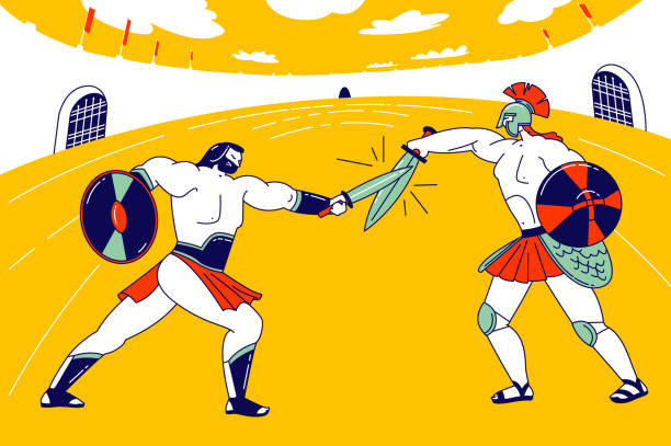 istock Gladiator Character Fighting with Barbarian on Coliseum Arena, Ancient Roman Armored Spartan Warrior and Moor Fight on Swords, Greek Soldier with Shield Battle Show. Linear People Vector Illustration 1212582533
